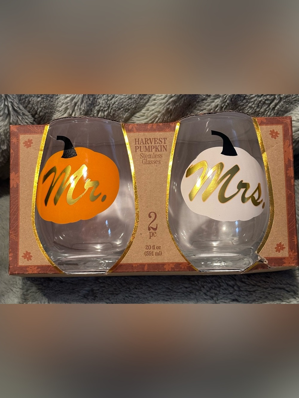 Harvest Pumpkin Stemless Wine Glasses 2-Piece Set 20 fl oz Mr. & Mrs. Gift Idea